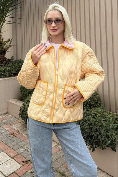 Madmext Yellow Gingham Pocketed Women's Coat Mg2488