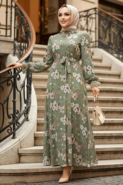 Neva Style Φόρεμα Χακί Τεσεττούρα με λουλουδάτο σχέδιο 29711HK