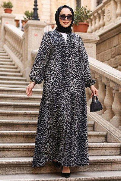 N.S NEVA STYLE Sa leopard dezenom Siva haljina sa hidžabom 52942GR