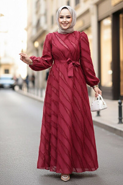 N.S NEVA STYLE Jacquard Detailed Burgundy Hijab Dress 23262Br