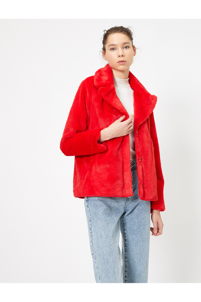Koton Women's Red Button Detailed Plush Coat 0KAL58247OW