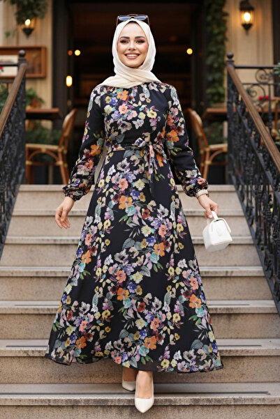 Neva Style Floral Patterned Black Hijab Dress 279902 S