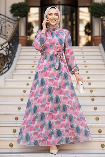 Neva Style Floral Patterned Fuchsia Hijab Dress 27994F