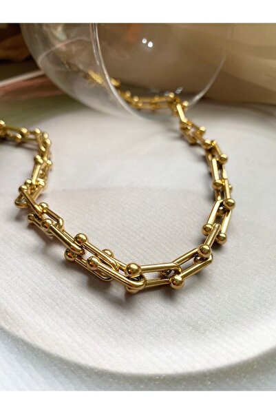 TuQos Kadın Geçmeli Zincir Gold Çelik Kolye 1 Adet