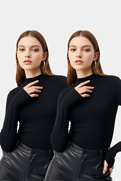 uyguntarz Schwarzer Damen-Body mit Fingerdetails und halbem Rollkragen, 2-teilig