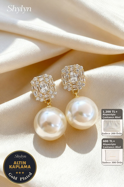 Shylyn 925 Gümüş İğneli Altın Kaplama Zirkon ve İnci Küpe