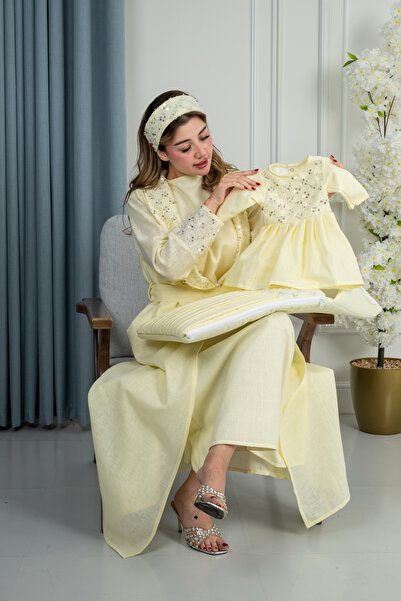 obejana طقم سابع روب نفاس + مدس طفل+ لبس البيبي فستان لون ليموني