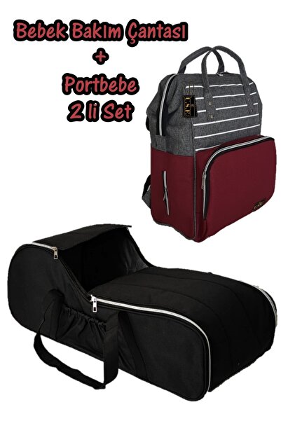 USF Unisex Bordo Gri Çizgili Bebek Bakım Çantası Ve Portbebe Ana Kucağı Puset