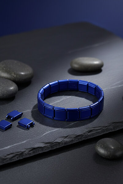 Birmem Unisex İtalyan Model Saks Mavisi Renkli Mineli Çelik Bileklik