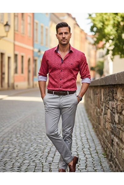 YusGos Long Sleeve Cotton Shawl Pattern Easy Iron Regular Fit Premium Men's Shirt Red L