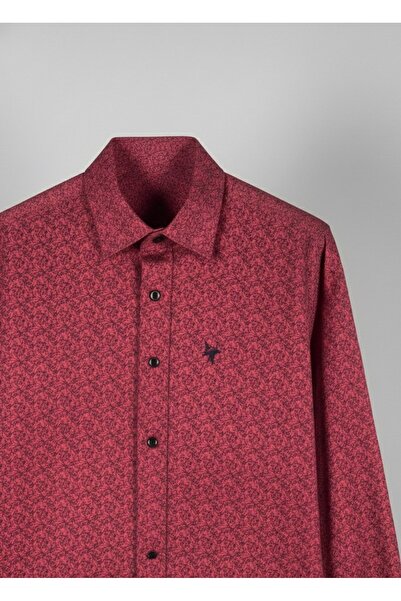 YusGos Long Sleeve Cotton Shawl Pattern Easy Iron Regular Fit Premium Men's Shirt Red L