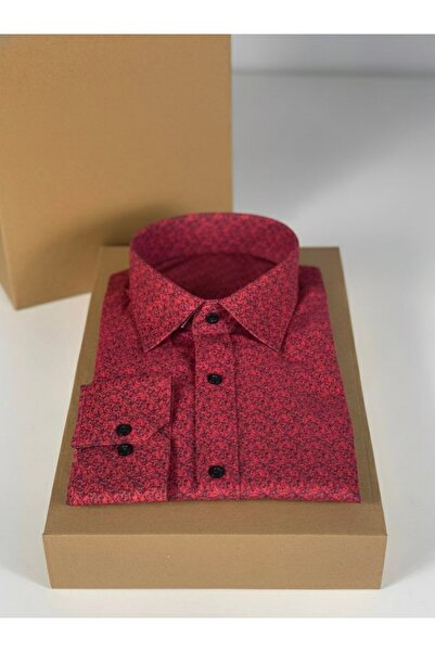 YusGos Long Sleeve Cotton Shawl Pattern Easy Iron Regular Fit Premium Men's Shirt Red L