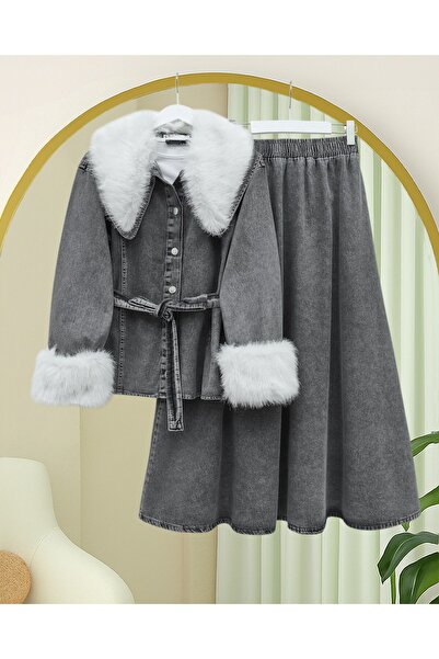 Modamorfo Peter Pan collar Denim Suit with Fur Collar and Sleeves and Belted Waist - Smoked