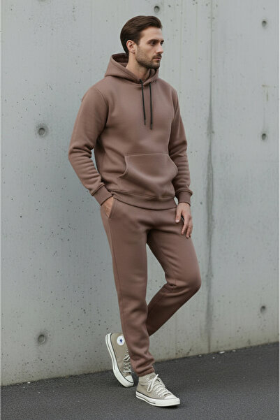 Sizce Moda Ανδρικό σετ φόρμας με κουκούλα καφέ κανονικό βαμβακερό 3 νήματα με μαλακή υφή με εσωτερικό φλις