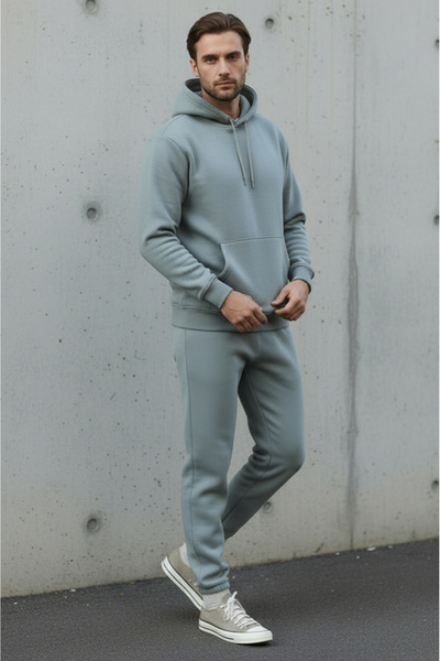 Sizce Moda Men's Gray Regular Cotton 3 Thread Soft Textured Fleece Lined Hooded Tracksuit Set