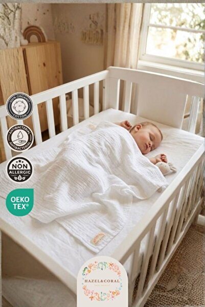 Hazel Coral 2 Katlı Müslin Bebek Örtüsü & Battaniyesi Beyaz