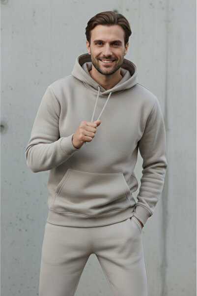 Sizce Moda Ανδρικό σετ φόρμας με κουκούλα από βαμβακερό χρώμα πέτρας, μαλακής υφής, με φλις εσωτερικά