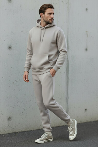 Sizce Moda Ανδρικό σετ φόρμας με κουκούλα από βαμβακερό χρώμα πέτρας, μαλακής υφής, με φλις εσωτερικά