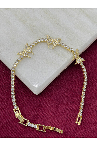 Calista Aksesuar Taşlı Üç Kelebekli Gold Su Yolu Bileklik