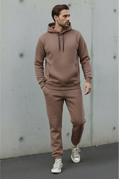 Sizce Moda Ανδρικό σετ φόρμας με κουκούλα καφέ κανονικό βαμβακερό 3 νήματα με μαλακή υφή με εσωτερικό φλις