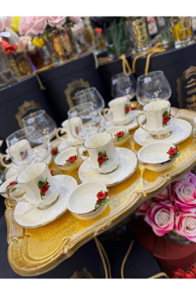 Handmade Esterhomedecor 6-Person Capodimonte Porcelain Coffee Cup, Glass and Turkish Delight Holder Set