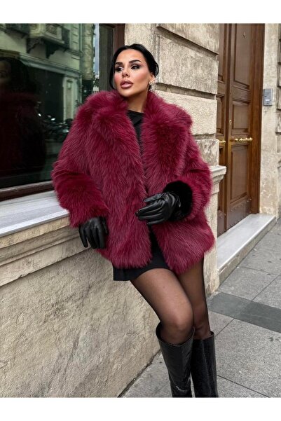 RFK Butik Women's Soft Textured Lolita Fur Coat - Burgundy