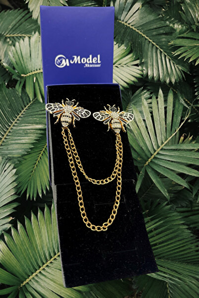 model aksesuar Arı Taş Siyah Işlemeli Zincirli Yaka Broş