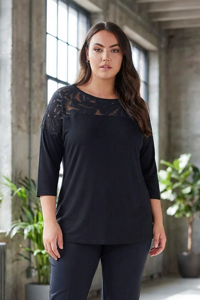 Stil Diva Μπλούζα με φτωχό μανίκι με λαιμόκοψη και τούλι σε μεγάλο μέγεθος - 303026