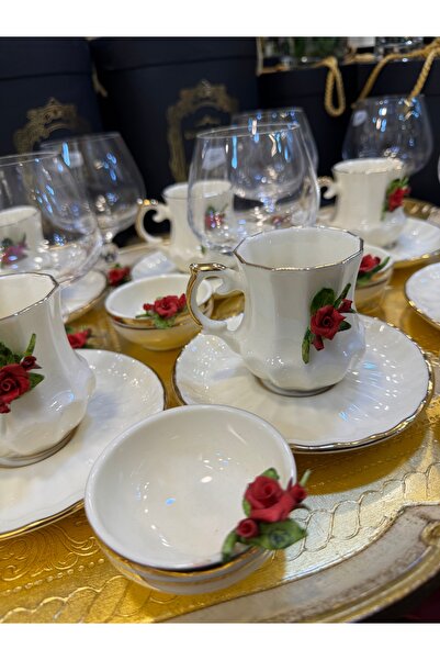 Handmade Esterhomedecor 6-Person Capodimonte Porcelain Coffee Cup, Glass and Turkish Delight Holder Set