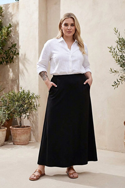 Stil Diva Long Cut Large Size Elastic Waist Skirt - Pocket Detail 160051