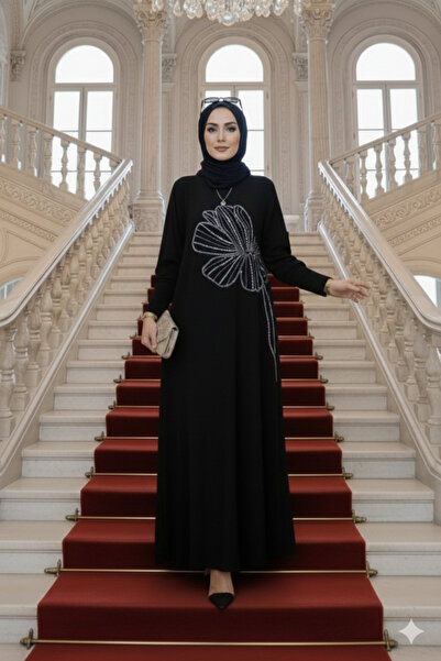 modamira Kadın Sandy Siyah Taş Detaylı Boydan Abiye Büyük Beden Tesettür Nursema Elbise