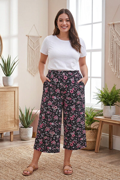 Stil Diva Large Size Patterned Loose Cut Pocket Lycra Capri Trousers145046