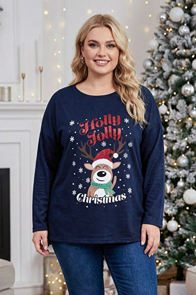 Stil Diva Plus Size Christmas Themed Crew Neck Long Sleeve Slit Sweatshirt 303909