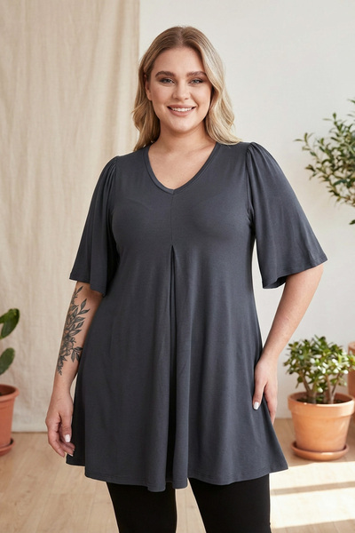 Stil Diva Plus Size V-Neck Patternless Asymmetrical Cutout Lycra Blouse Mdl-3