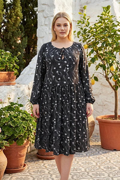 Stil Diva Plus Size Long Sleeve Lacing Detail Print Dress 100-73