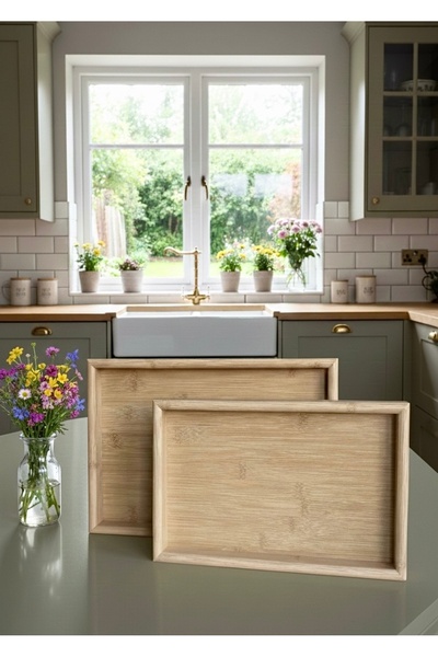 BABALE صينية مستطيلة مكونة من قطعتين من الخيزران / صينية تقديم