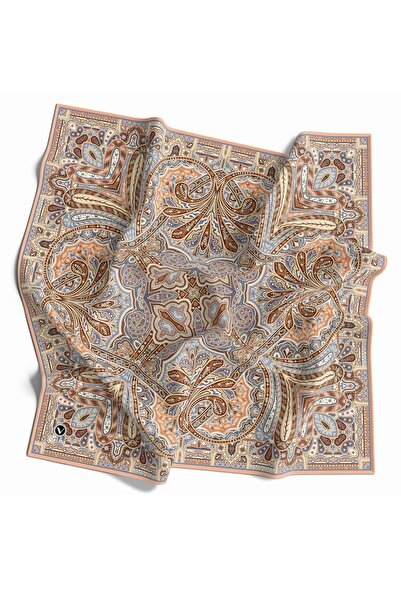 VİOLLA Kristal Şal Desenli Somon Renkli 90x90 Eşarp (İpek İçermez) Kenar Diki...