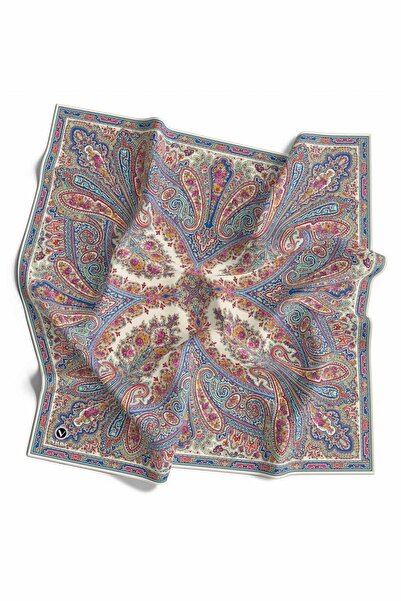 VİOLLA Kristal Şal Desenli Krem - İndigo Renkli 90x90 Dikim Şekli : El Dikişi...
