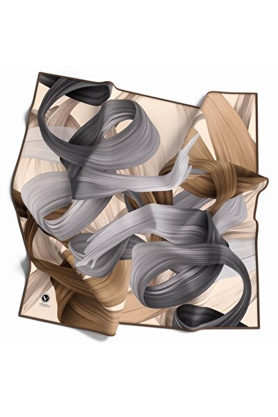 VİOLLA Kristal Helezon Desenli Gri - Bej Renkli 90x90 Eşarp (İpek İçermez) Di...