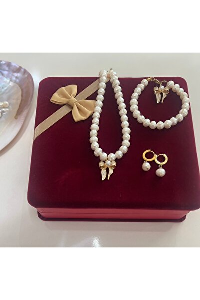 Harikalar Aksesuar Sertikalı Doğal Beyaz İnci Kolye Bileklik Küpe Set-Çelik A...