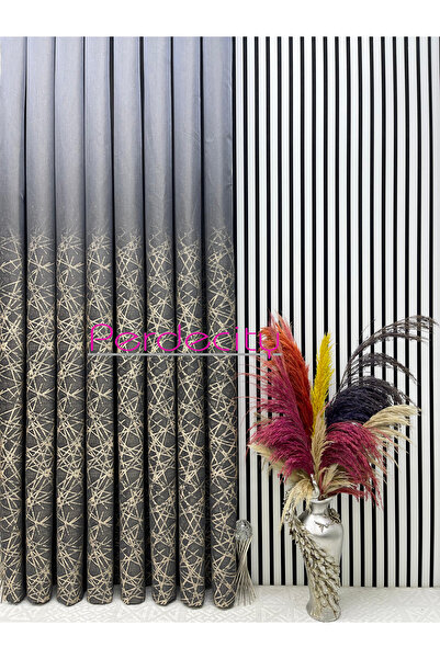 PERDECITY Gri-vizon Renk Desenli Pano Fon Perde 100 Cm Sık Boru Pile Roza