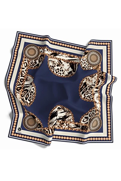 VİOLLA Kristal Zincirli Leopar Desenli İndigo Renkli 90x90 Eşarp (İpek İçerme...