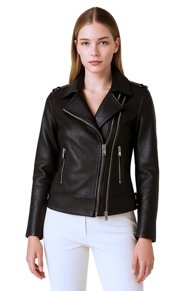 AsyaClub Derije Diana Hakiki Jumbo Deri Kadın Siyah Ceket