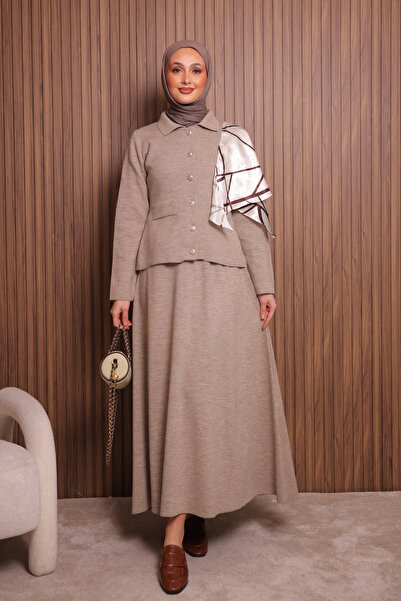 Balenbi Women's Tight Knit Polo Neck Cardigan with Skirt Hijab Knitwear Set 1151