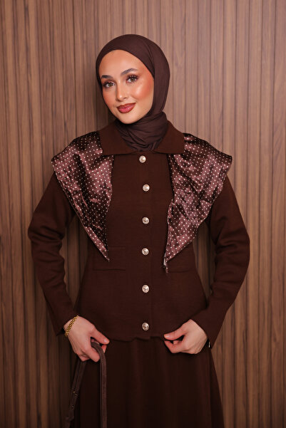 Mogi Butik Women's Tight Knit Polo Neck Cardigan with Skirt Hijab Knitwear Set 3137