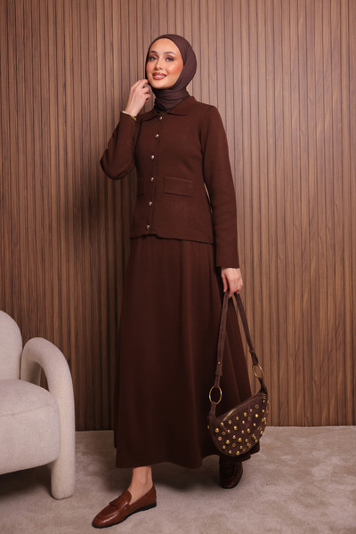 Mogi Butik Women's Tight Knit Polo Neck Cardigan with Skirt Hijab Knitwear Set 3137