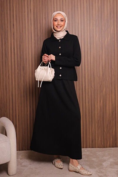 Mogi Butik Women's Tight Knit Polo Neck Cardigan with Skirt Hijab Knitwear Set 3137