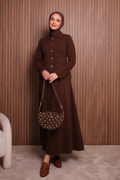 Mogi Butik Women's Tight Knit Polo Neck Cardigan with Skirt Hijab Knitwear Set 3137