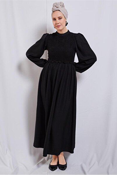 TRENDTESETTÜR KADIN SİYAH BALON KOL ELBİSE T 6895