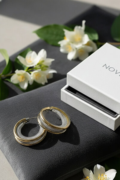 Birmem Kadın Çift Renk Gold & Gümüş Hasır Örgü Detaylı Kararmaz Çelik Halka Küpe